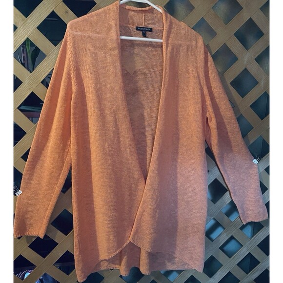 EILEEN FISHER coral orange linen blend open front cardigan Sz M - Picture 1 of 9